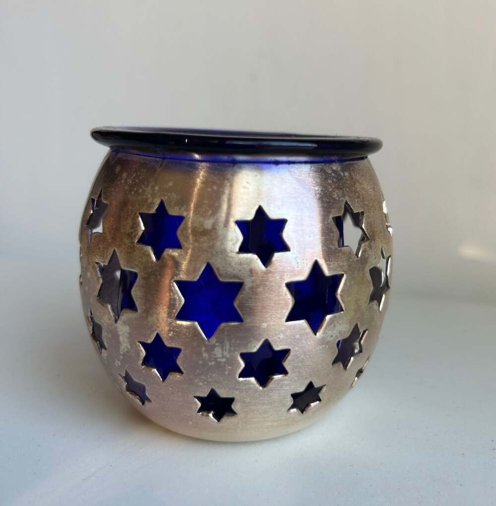 Vintage Cobalt Blue Glass and Silver Plated Star Cutout Votive Tea Light Candle